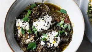 Stoofpot van puy-linzen en aubergine