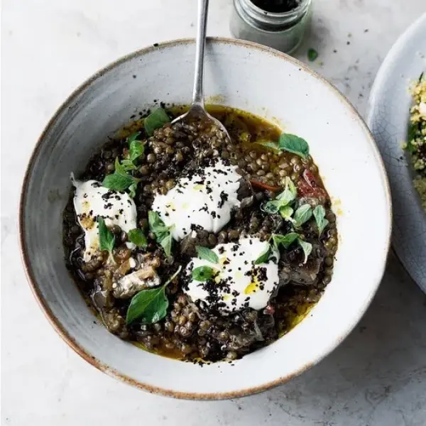 Stoofpot van puy-linzen en aubergine