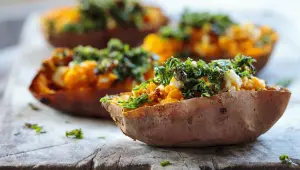 Loaded sweet potatoes met feta en knapperige boerenkool